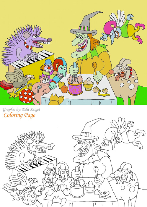 Coloring page-Witch and porcupine